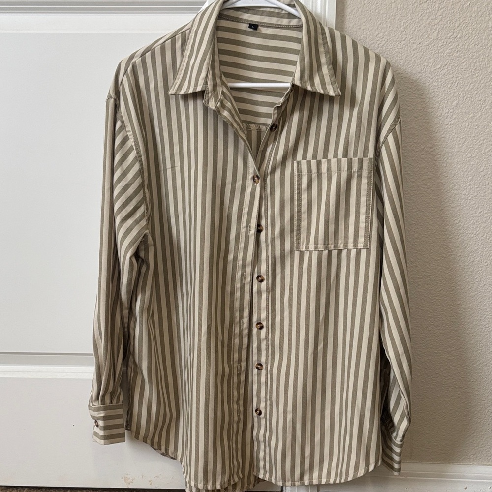 Source Unknown Taupe and Cream Striped Long-Sleeve Button-Down Shirt - Picture 2 of 4